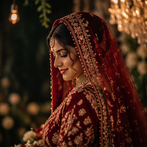 Cinematic bridal portrait in deep maroon with warm reception bokeh