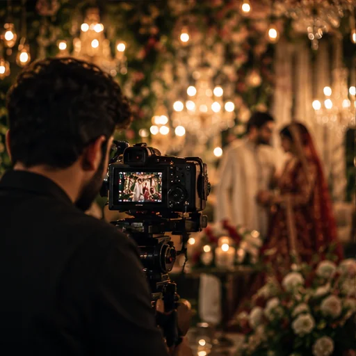 Wedding cinematographer filming a couple in a warm-lit reception